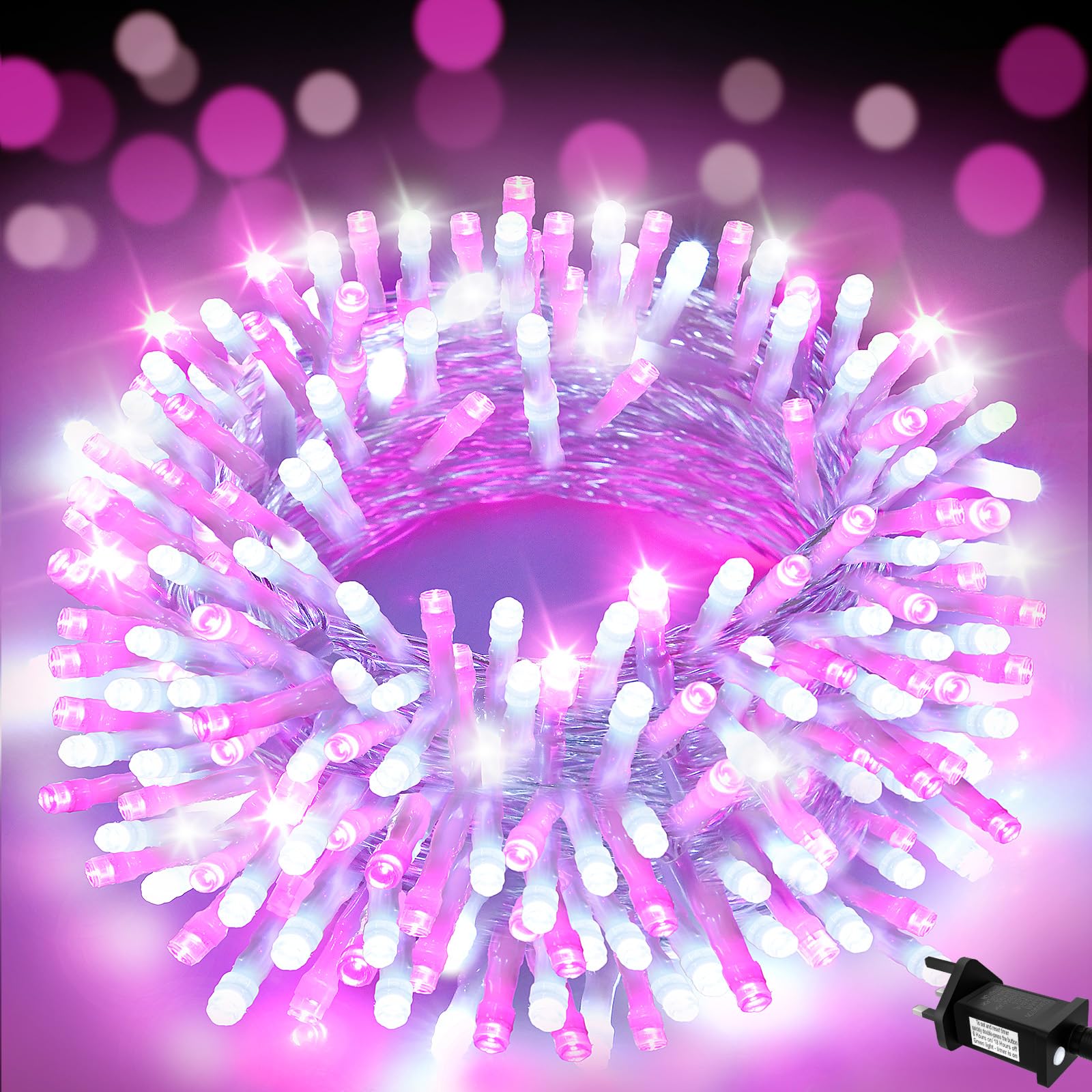 FFZZKJ Pink Christmas Lights 200 LED Pink Fairy Lights for Bedroom 66Ft/20M with Timer IP44 Waterproof String Lights Mains Powered for Christmas Decorations, Bedroom Decor, Pink&White