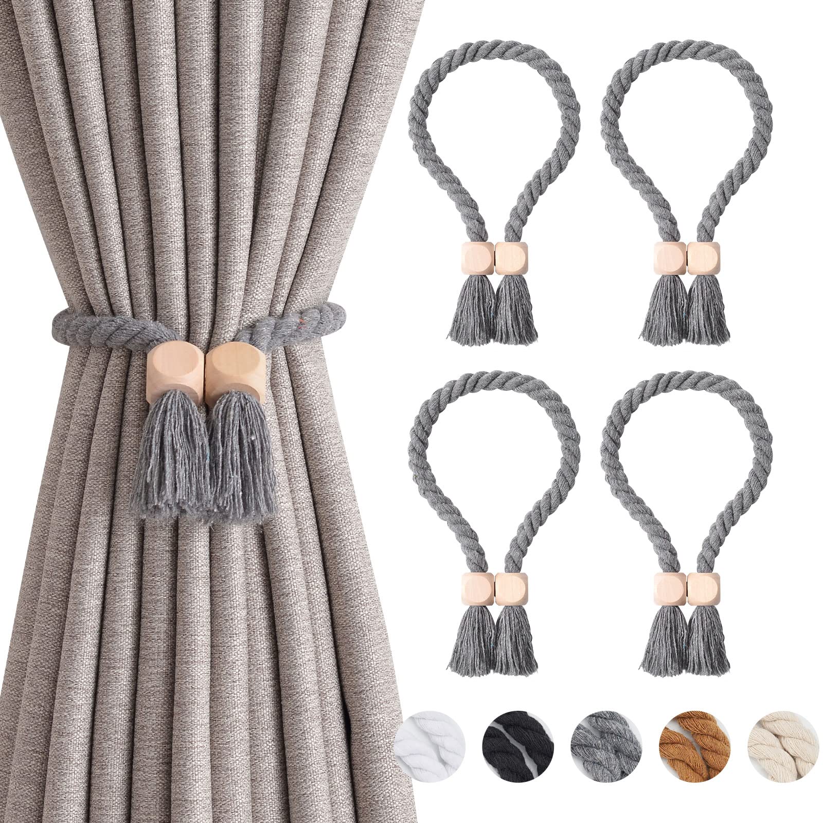 Pretty Jolly 4 Pack Wooden Cube Magnetic Curtain Tiebacks Boho Home Decor Drape Tie Backs Natural Cotton Hand Woven Rope Curtain Holdbacks for Thin & Thick Home & Office Window Draperies (Grey)