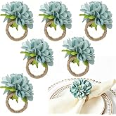 LeLehome 6 PCS Handcraft Flower Napkin Rings Fabric Serviette Holder for Wedding Party Bridal Shower Valentine's Day Dinner Table Decoration Blue