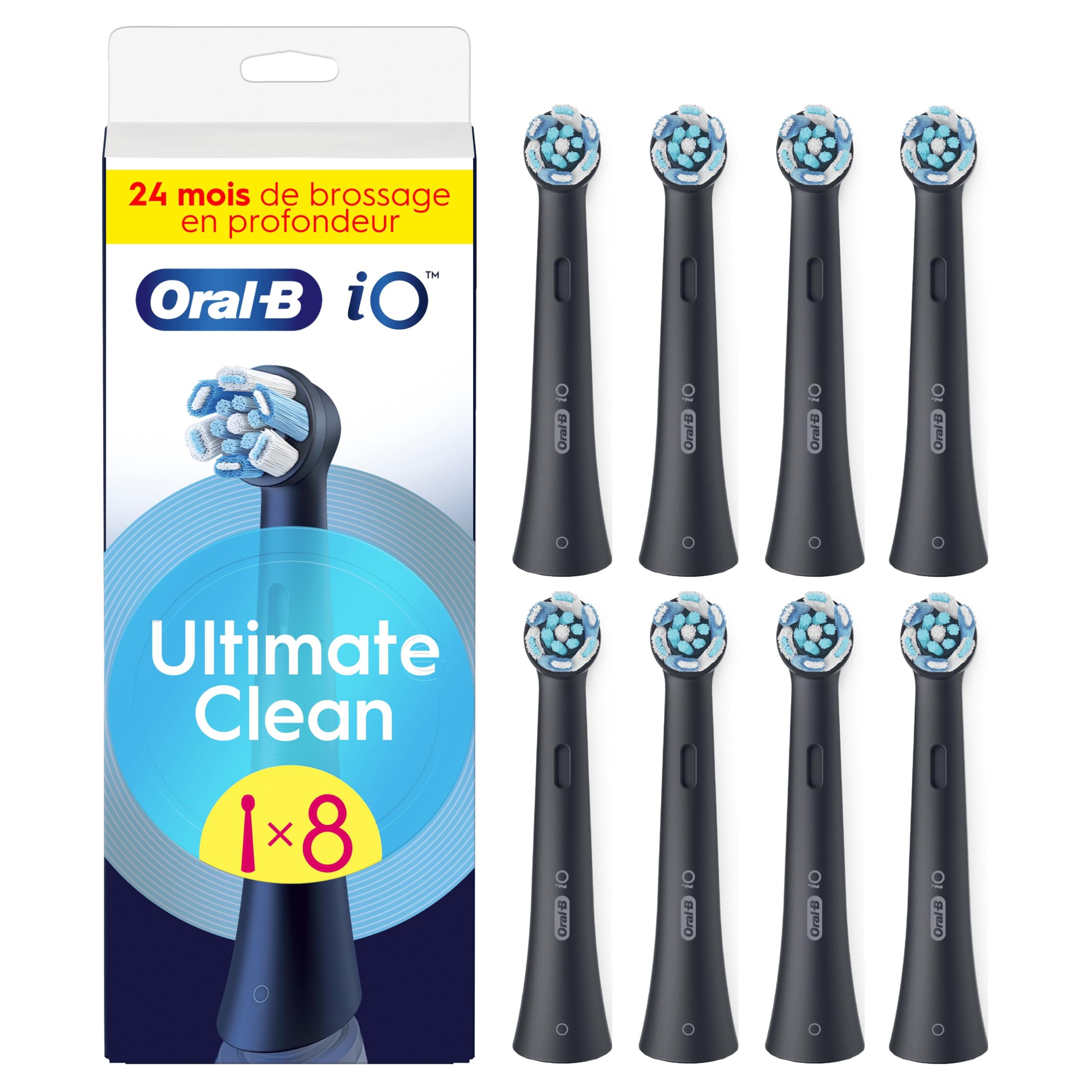 Oral-B Lot De 8 Brossettes De Rechange Ultimate Clean, AUTHENTIQUES, Noires, Brossage En Profondeur, Elimination De La Plaque Dentaire, Brossette Ronde Pour Les Brosses Electriques Oral B iO