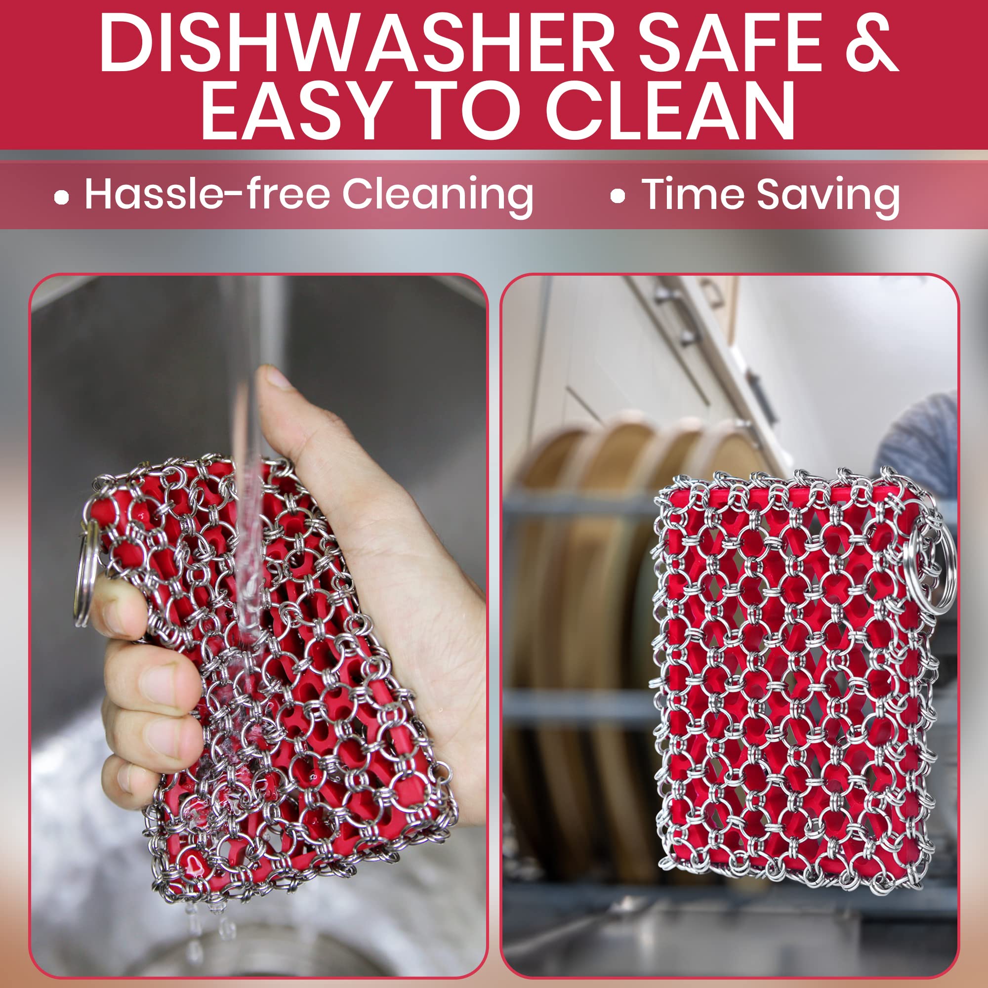 Cast Iron Scrubber Chainmail - 316L Cast Iron Cleaner Scrubber and Bamboo Cloth Set - Chain Mail Scrubber - Stainless Steel Chainmail Scrubber for Skillet, Pan, Dutch Oven - Essential Accessory