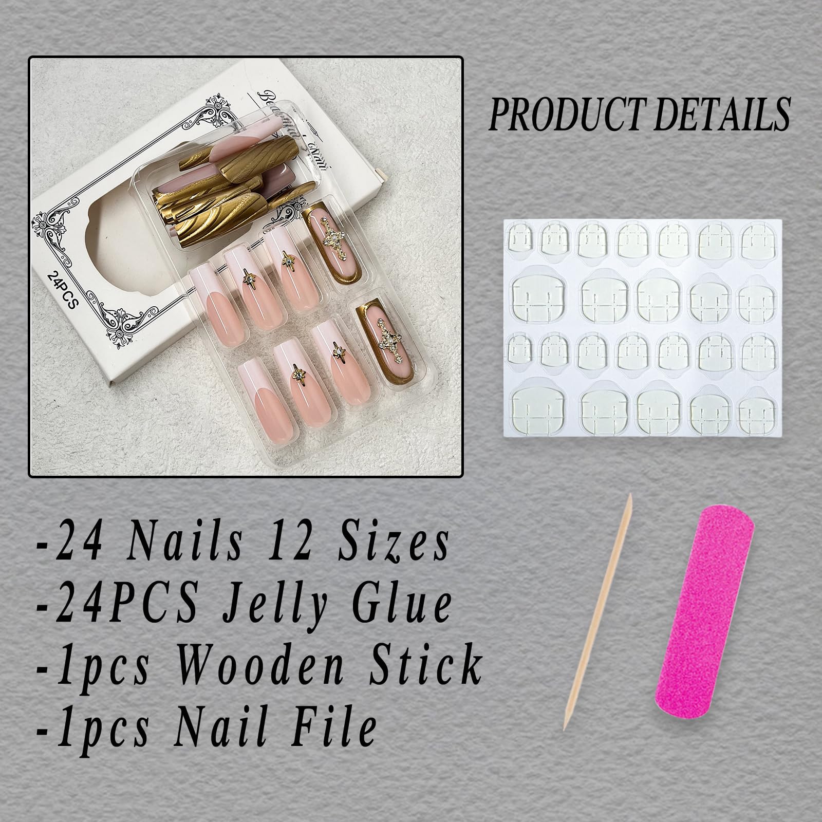 ROFIBUT French Tip Press on Nails Long Square Fake Nails with 3D Relief Design Glossy Gold Solid Color Coffin False Nails Luxury Star Charms Glue on Nail for Women Girls Manicure Nail Decoration 24Pcs - Image 2