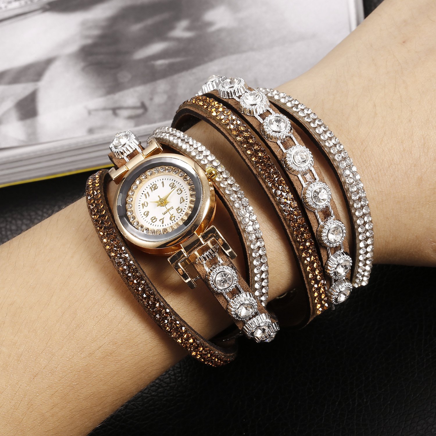 Zouvo Women Fashion Casual Decor Round Rhinestone Bracelet Watch (Coffee)