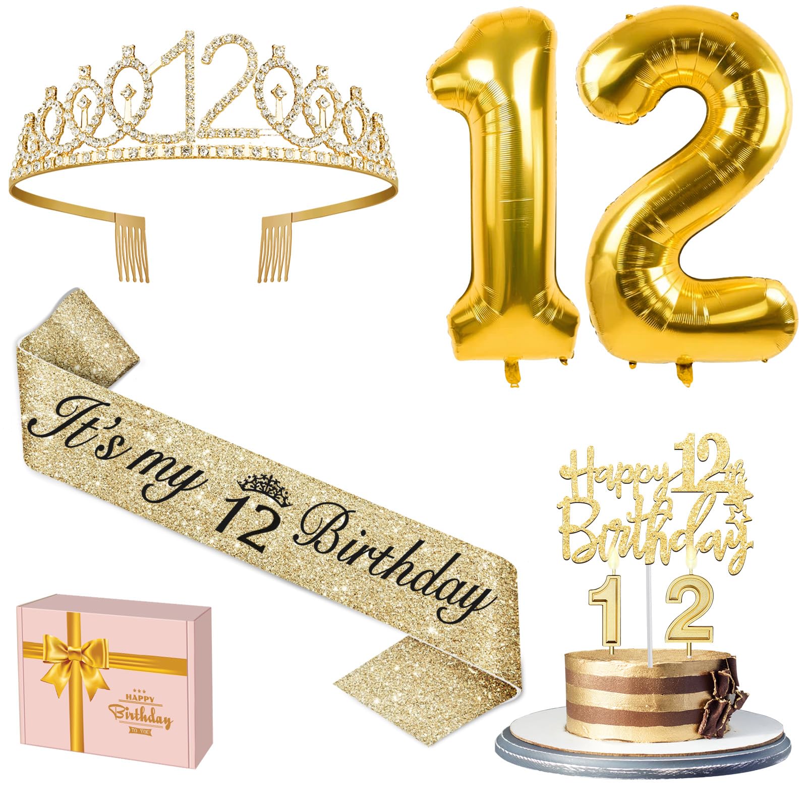 Photo 1 of 12th Birthday Decorations for Girls Gold with 12th Birthday Sash and Tiara, Candles and Cake Toppers, Number Balloons, 12 Year Old Gifts for Girl