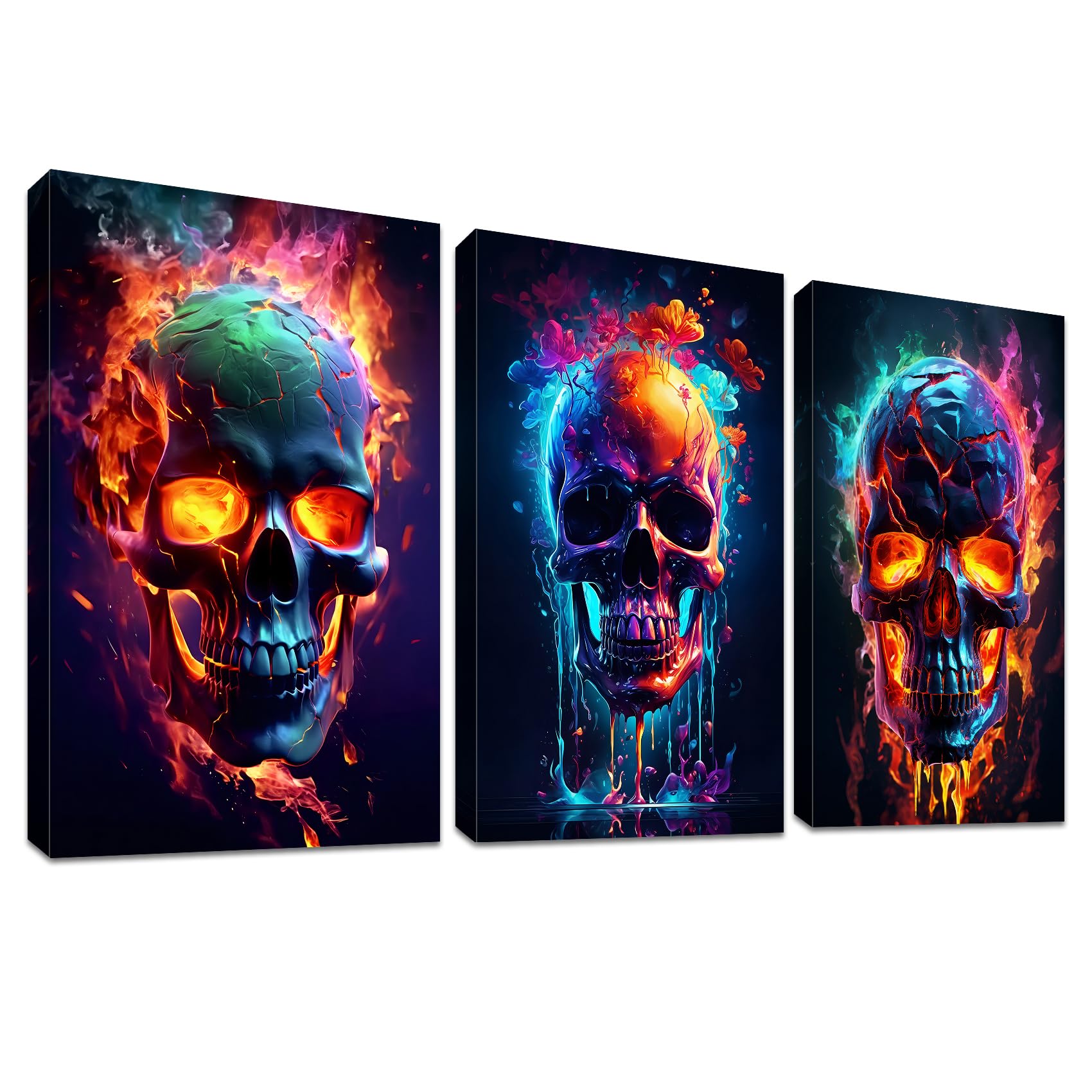 3 Panels Wooden Framed Neon Flaming Skull Canvas Wall Art Mysterious Flowers Skull Painting on Canvas Prints Poster Pictures for Living Room Bedroom Hallway Home Wall Decoration 90x40cm(12"x16"x3pcs) — image 1