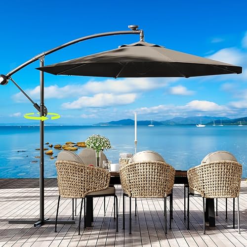 HarmonyHealth 10FT Cantilever Patio Umbrella with Cross Base, Outdoor Offset Market Umbrella with 360-degree Rotation and Infinite Tilt, Outside Umbrellas for Backyard Lawn Garden and Pool (Tan)
