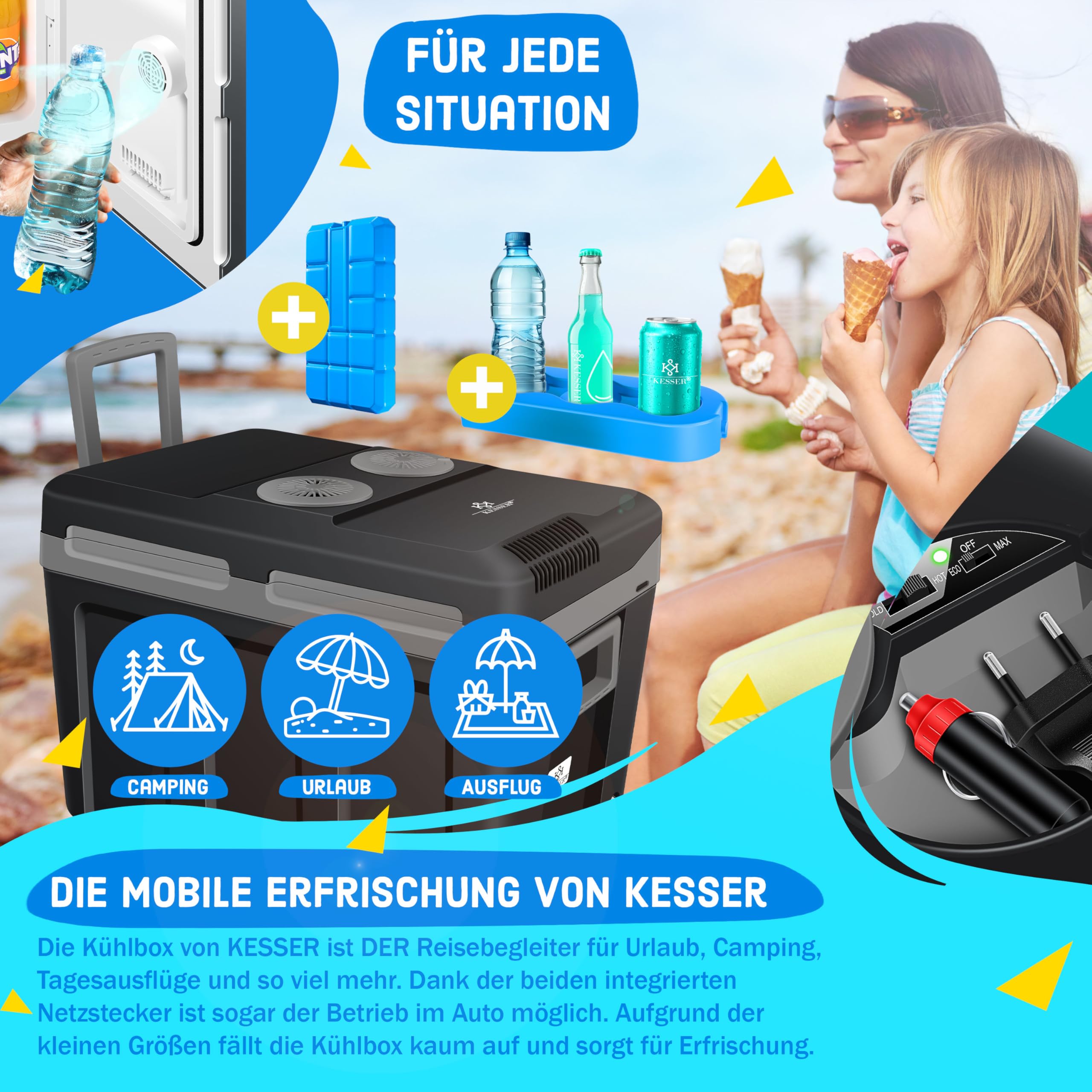 KESSER® Kühlbox 40L mit Rollen | Thermo-Elektrische Kühlbox | KÜHLT und WÄRMT | 12 & 230V | Thermobox für Auto, Boot & Camping | Mini-Kühlschrank mit ECO & MAX Modus | inkl. Kühlakku & Getränkehalter 5