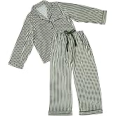 Bella Sleep + Spa Satin Pajamas for Women - 2-Piece Long Sleeve Full Length Luxury Pajama Set, Medium, Green Stripe