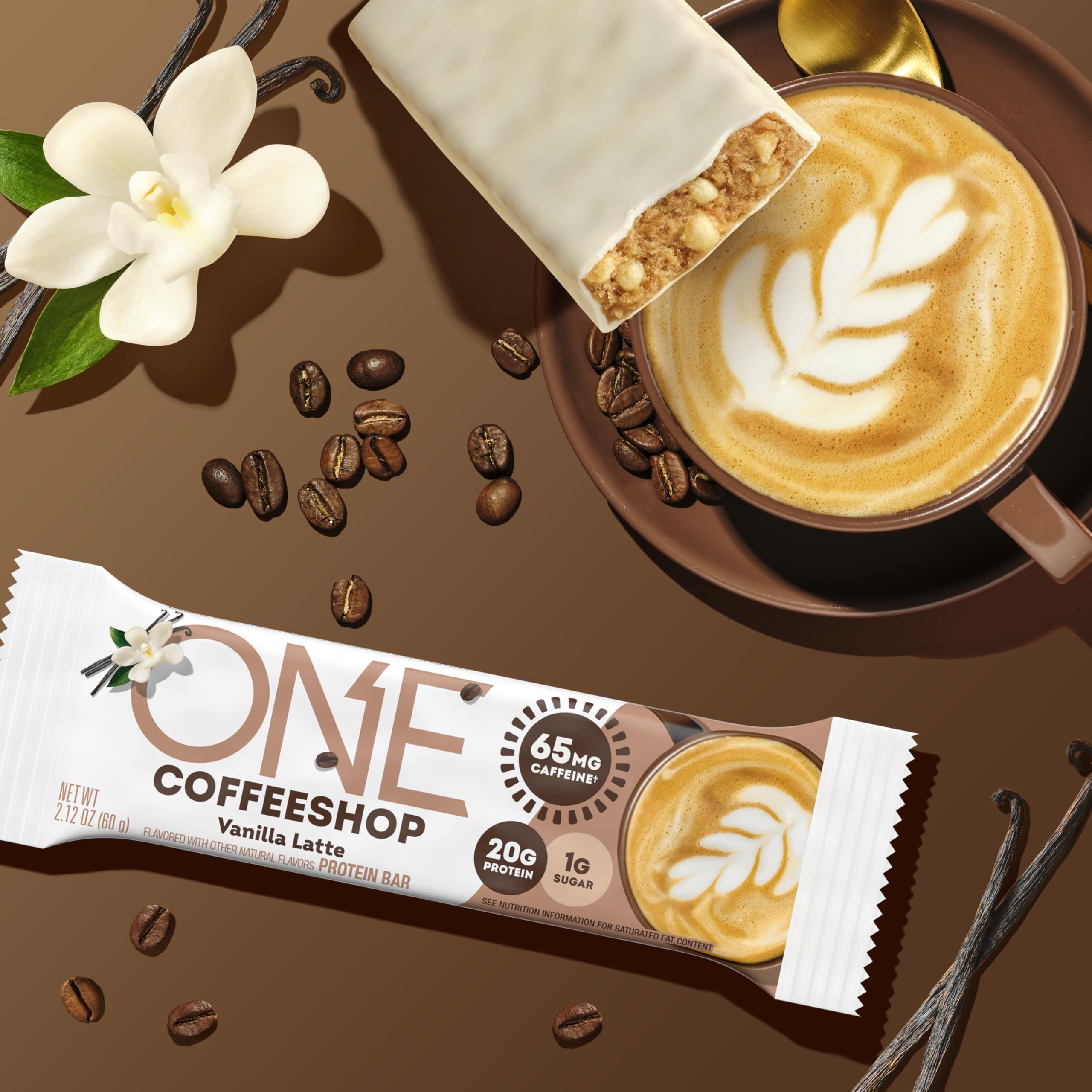ONE Coffee Shop Caffeinated Protein Bars, Vanilla Latte, Gluten Free with 20g Protein and 65mg of Caffeine Energy, Pantry Staples, 2.12 oz (12 Count), Packaging May Vary
