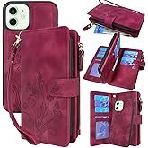 Lacass Compatible with iPhone 12/12 Pro 6.1 inch Case[12 Card Slots] ID Credit Cash Holder Zipper Pocket Detachable Magnet Leather Wallet Cover Wrist Strap Lanyard (Floral Wine Red)