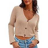 Saodimallsu Womens Cropped V Neck Cardigan Sweaters Long Sleeve Button Down Chunky Ribbed Knit Loose Crop Sweater Tops