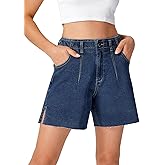 roswear Women's Jean Shorts Stretch Wide Leg with Slit Hem