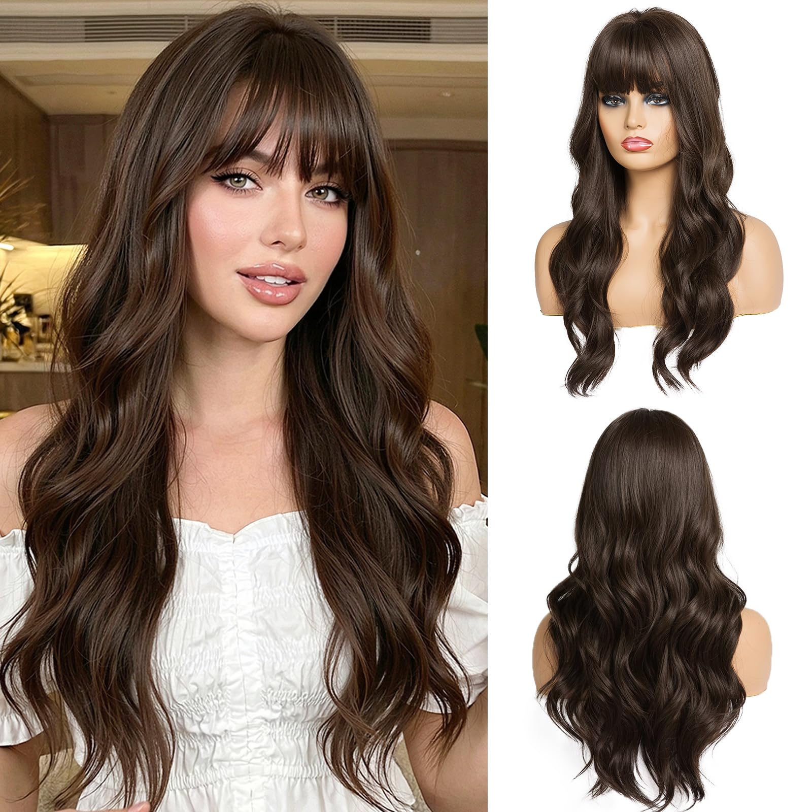 OUFEI Dark Brown 24 Inches Wigs With Bangs Synthetic Heat Resistant Fiber Natural Long Wave Wigs for Women Daily Party Use — image 1