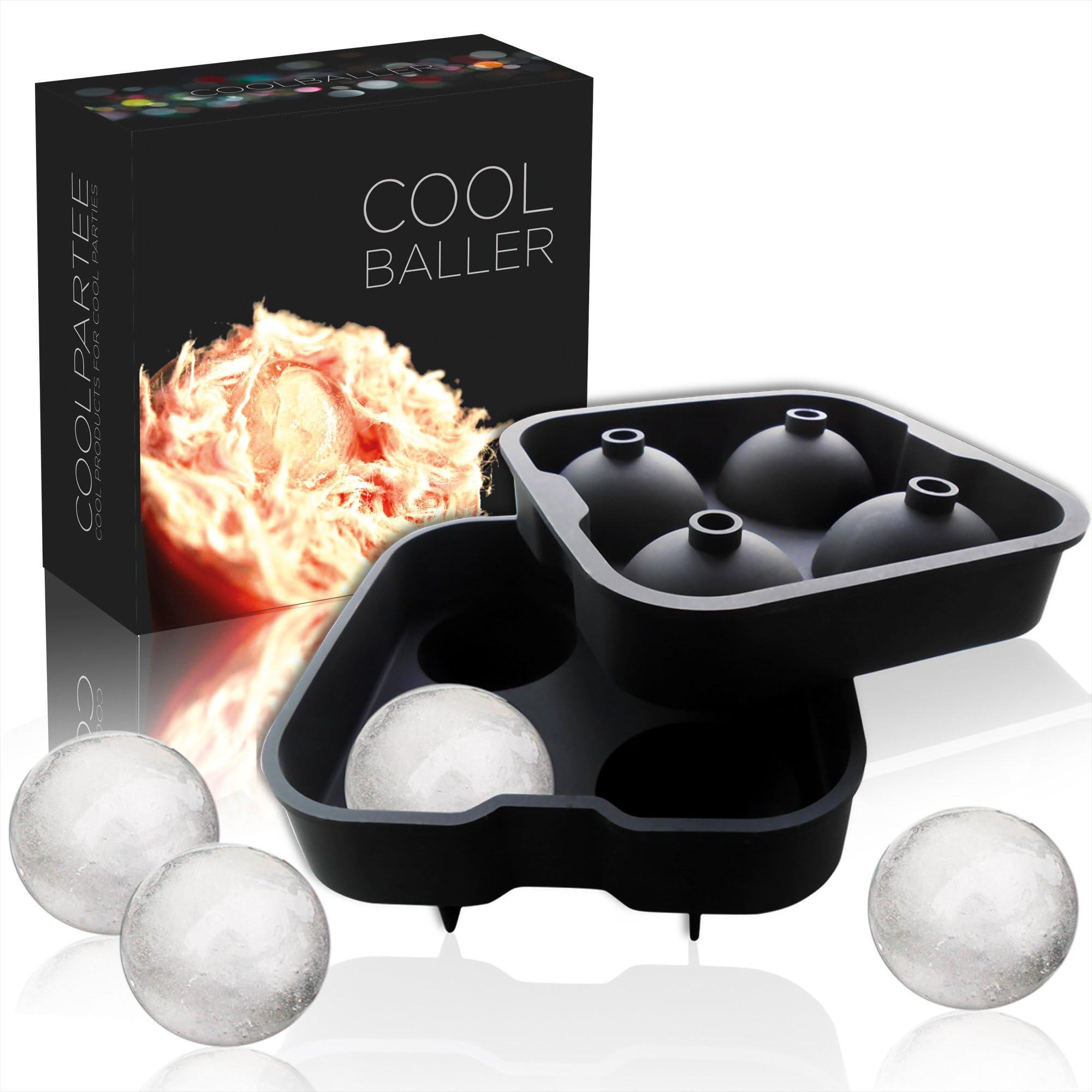 CoolPartee Coolballer Silicone Ice Ball Tray, Create 4 X 4.5cm Ice Ball Spheres, Black