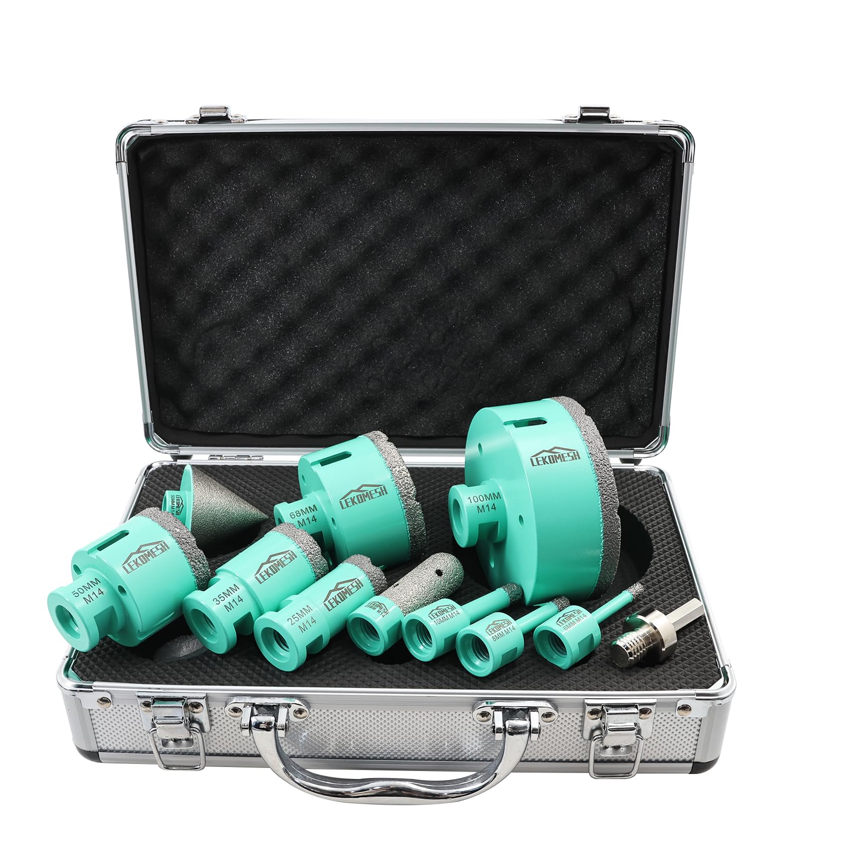 LEKOMESH Tile Drill Bits Kit - 11pcs (6/8/10/25/35/50/68/100mm+20mm Finger Milling Bit+50mm Beveling Chamfer Bit+Adapter) Hole Saw Kit for Porcelain Tile Ceramic Granite Marble Masonry Stone — image 1