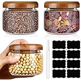 Hushee 3 Pack 10oz Small Glass Jars with Bamboo Lids and Labels Clear Storage Jars with Airtight Lids Round Overnight Oats Food Container for Kitchen Spice Tea Sugar Salt Candy Coffe Beans
