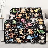 Animals Alphabet Blanket, Cute Alphabet Gifts for Kids Boys Girls Adults, Soft Flannel Animals Quilts for Bed Sofa Couch Travel, Black, 40"x50"