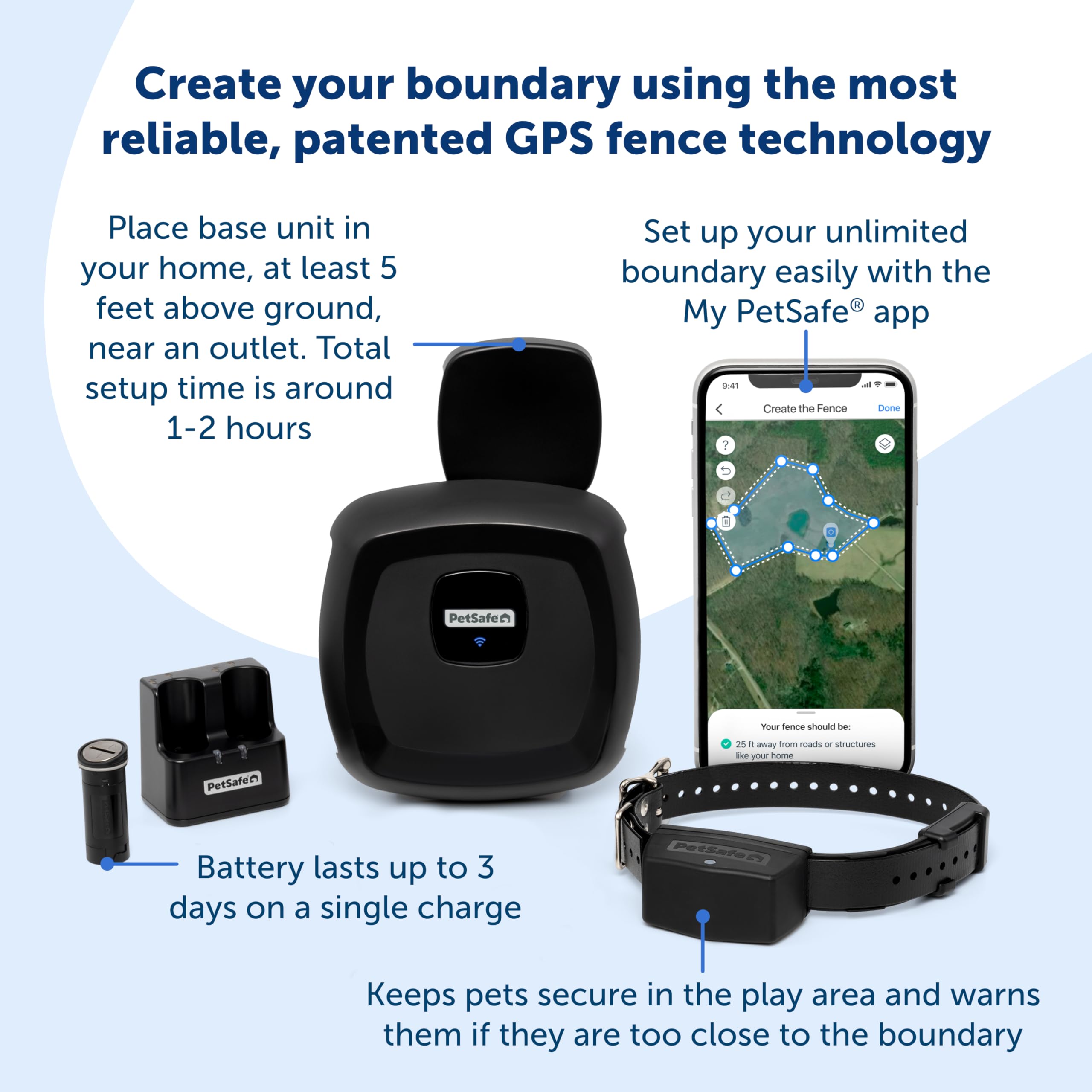 PetSafe Guardian GPS Connected Customizable Fence - Subscription-Free GPS Dog Fence for Large Yards, Create Your Own Boundary for up to 8 Dogs, 10 Static Levels, Long Battery Life & Smartphone Syncing