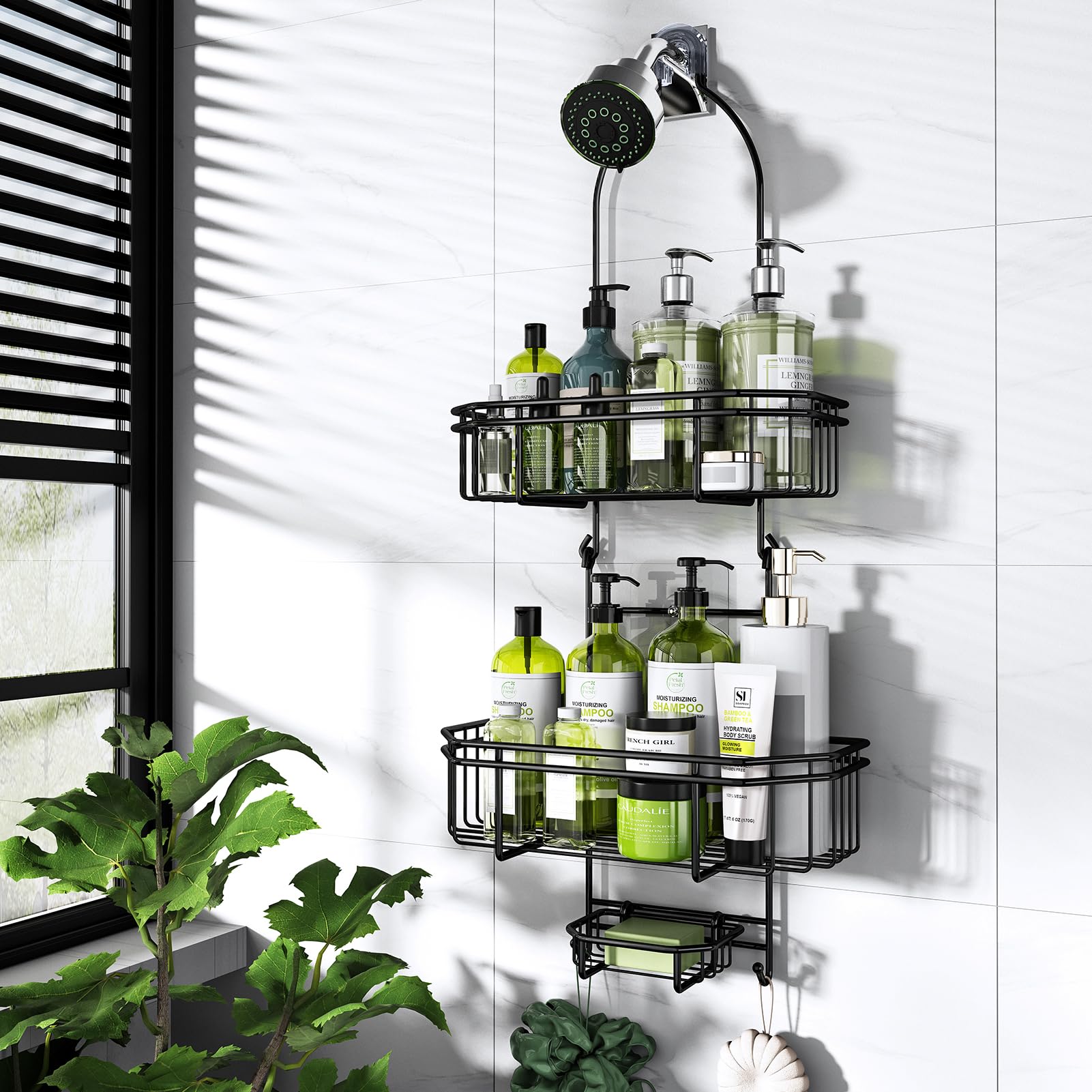 Photo 1 of WXCGX Hanging Shower Caddy Over Shower Head Organizer: Stainless Rustproof Bathroom Storage Rack Basket with Soap Holder, Hooks - Large Capacity Bathroom Shelf for Shampoo, Conditioner