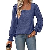 BKHOLL Women's Puff Sleeve Square Neck Shirt Loose Fit Casual Top Long Sleeve Blouse for Fall Winter