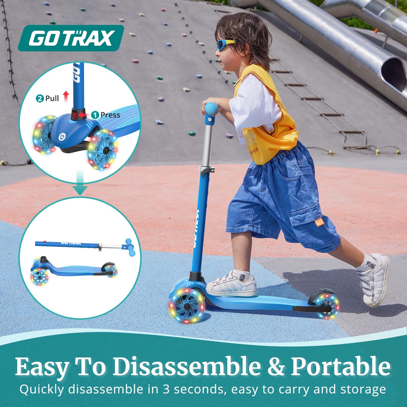 Gotrax KS1 Kids Kick Scooter, LED Lighted Wheels and 3 Adjustable Height Handlebars, Lean-to-Steer & Widen Anti-Slip Deck, 3 Wheel Scooter for Boys & Girls Ages 2-8 and up to 110 Lbs