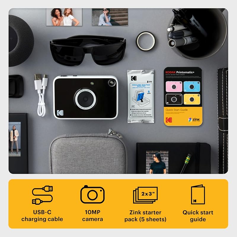 Pacote de Presente da Câmara Digital Instantânea Printomatic+ 10MP com Caixa, Papel Zink 2x3" 20 folhas, Álbum, Autocolantes e Marcadores – Preto