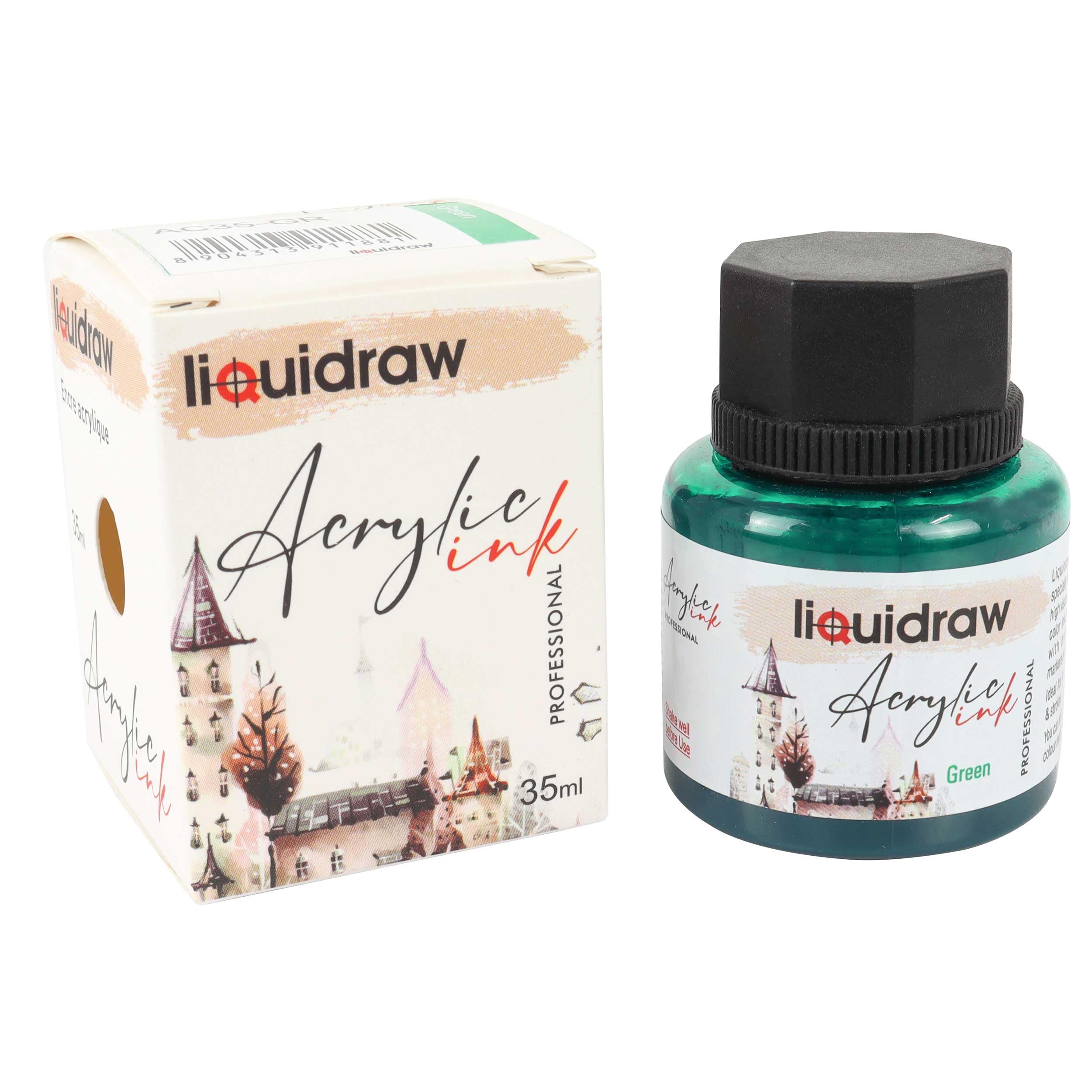 Liquidraw Acrylic Inks for Artists 20 Colours Black White Available Waterproof Ink 35ml Professional for Painting, Drawing, Paints, Art, Brushes, Paper, Board, Canvas, Fabric & Wood (Green)