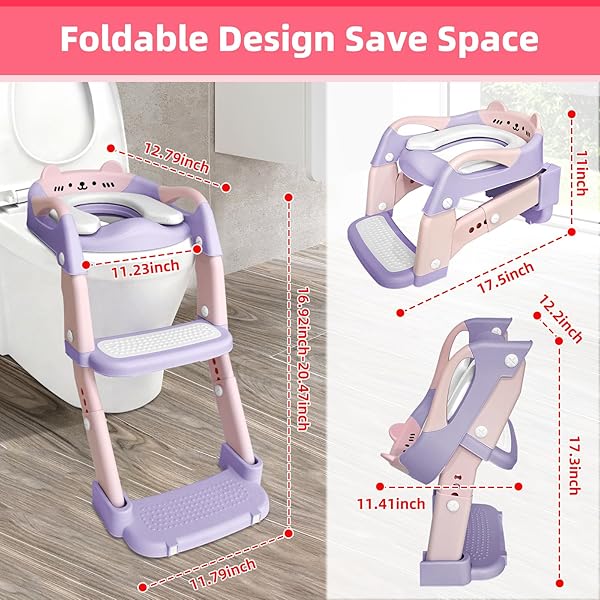 POTTY TRAINING SEAT, UPGRADE TODDLER TOILET SEAT FOR KIDS BOYS GIRLS, 3 IN 1 POTTY TRAINING TOILET WITH STEP STOOL LADDER-NON SLIP FOLDABLE (PURPLE+PINK)