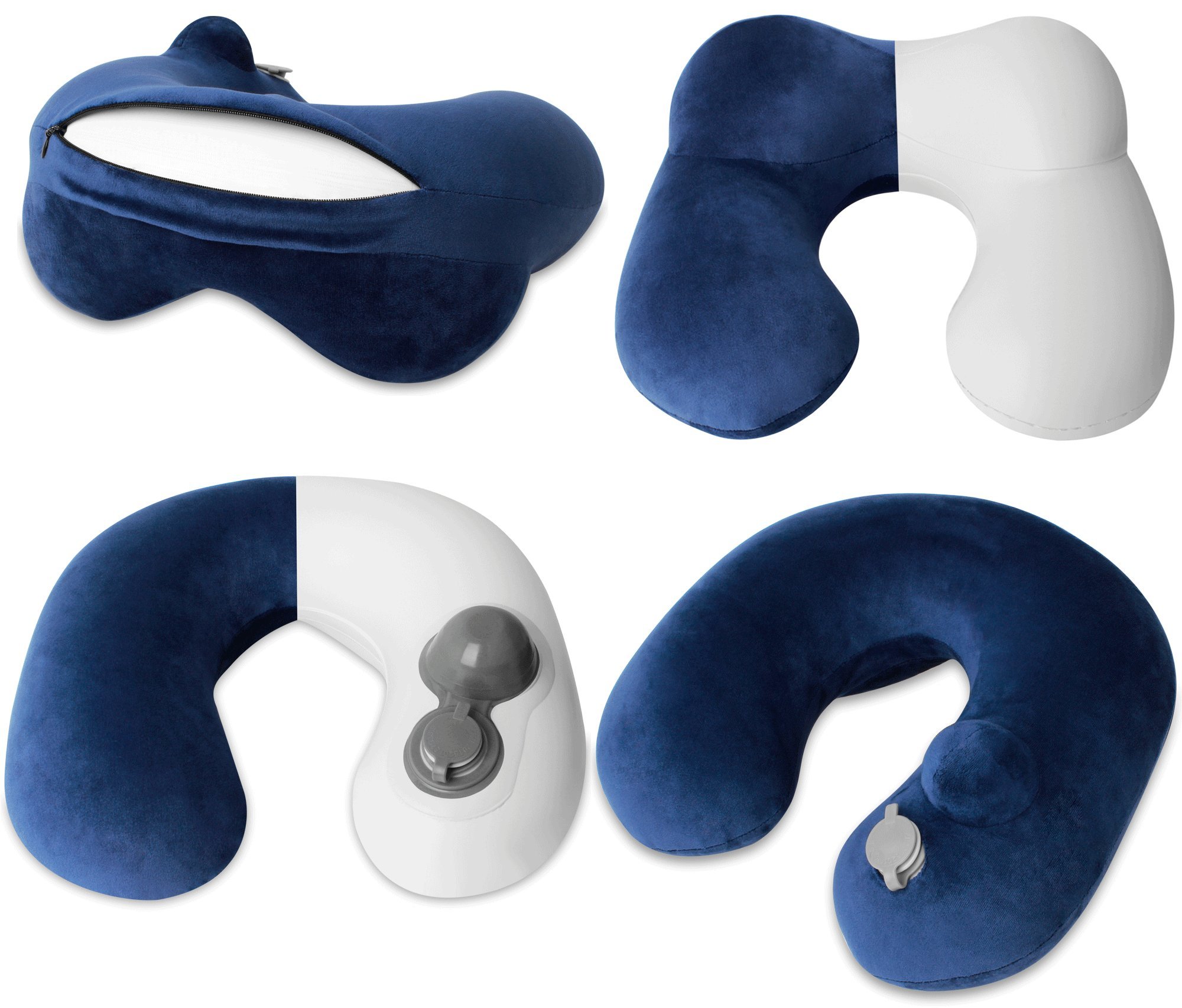 Travel Pillow, LIANSING Airplane Inflatable Travle Neck Pillow Push-Button Soft Velvet with Earbuds Goggles 3 in 1 and Straps for Office Airplane Travel Car Lunch Break