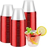 yintok 9oz Plastic Cups, 100pcs Elegant Red and Clear Plastic Cups, Red Rimmed Disposable Cocktail Glasses Fancy Disposable Cup Drinking Tumblers 9oz Cup for Wedding Party