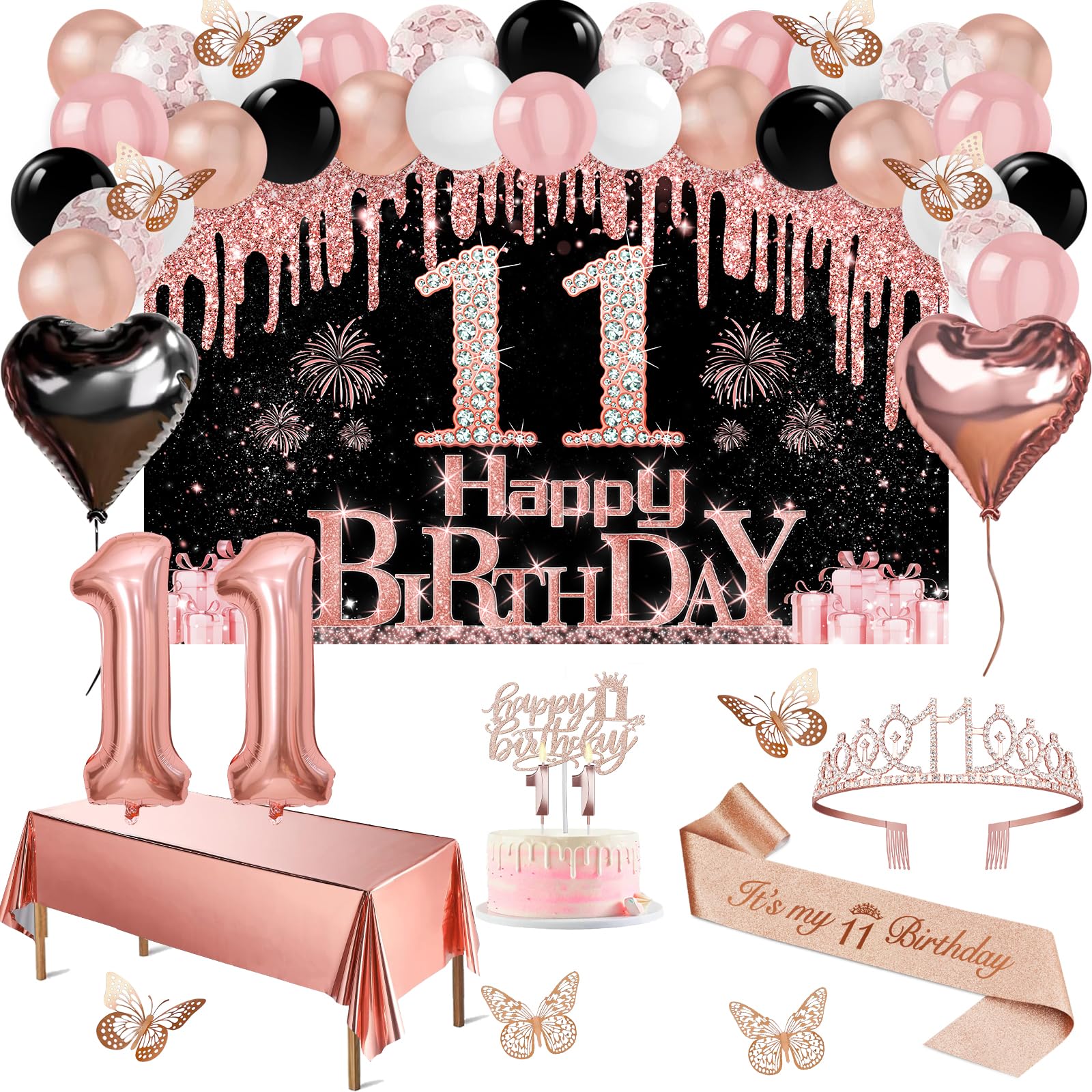 Photo 1 of 11th Birthday Decorations for Girls, 49pcs Black Rose Gold Black Banner, Tablecloth, Butterfly Decor, 11th Birthday Sash and Tiara, Cake Topper, Candles, Balloons Arch