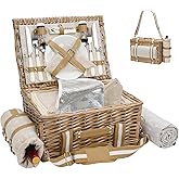 G GOOD GAIN Picnic Basket for 2-19Pcs Wicker Picnic Set with Waterproof Blanket & Wine Bag| Large Picnic Hamper with Insulated Cooler & Cutlery Kit for Couples Camping,White Flower