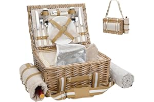 G GOOD GAIN Picnic Basket for 2-19Pcs Wicker Picnic Set with Waterproof Blanket & Wine Bag| Large Picnic Hamper with Insulated Cooler & Cutlery Kit for Couples Camping,White Flower