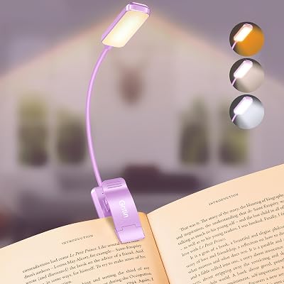 Gritin 9 LED Clip On Book Light Purple 3 Eye Protect Modes Rechargeable