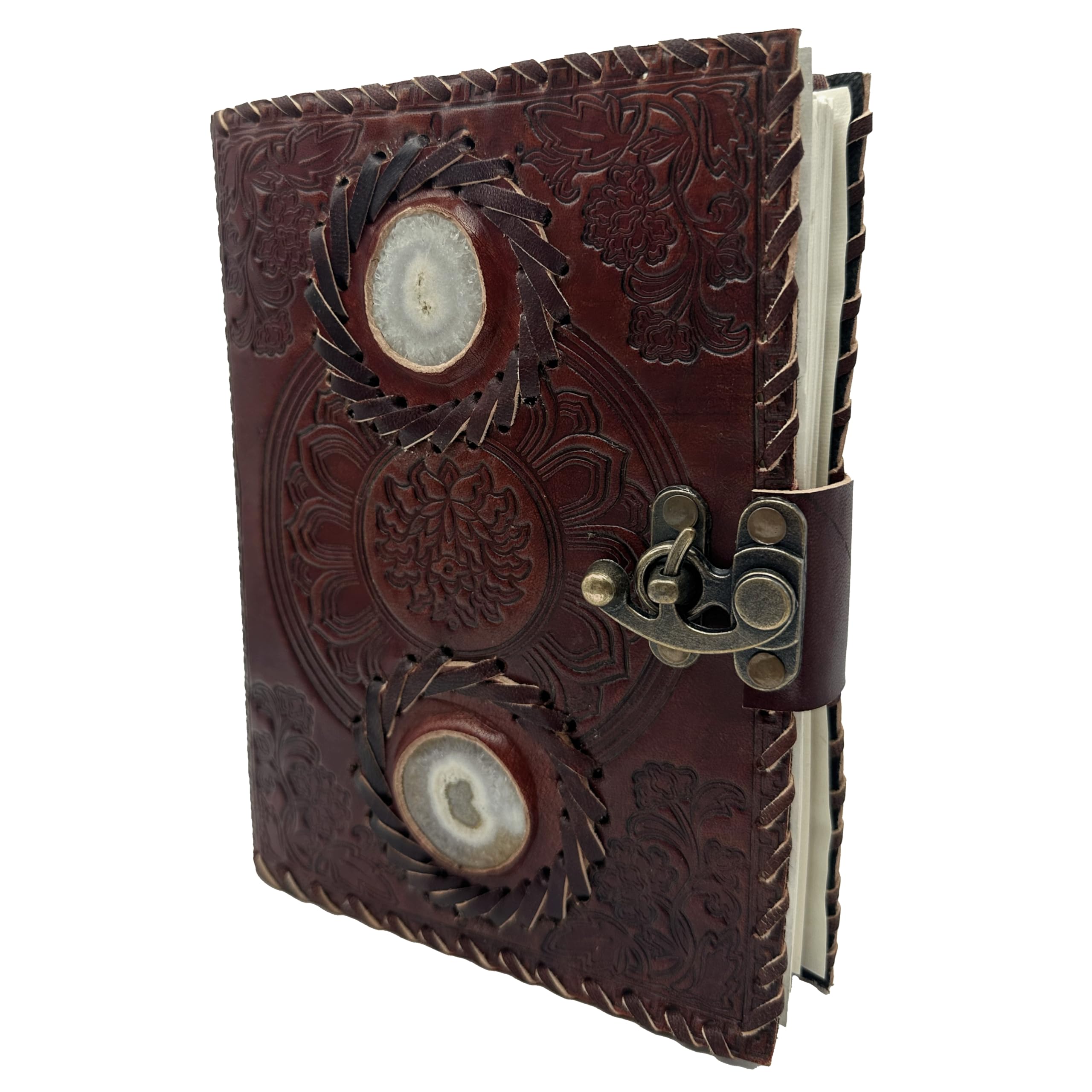 Keskin Handmade Leather Grimoire Journal – Spell Book of Shadows for Witchcraft, Wicca, Witch Diary & Notebook – Vintage Blank Journal for Spells and Ritual Notes, 17 x 12 cm (Sun with White Stones)