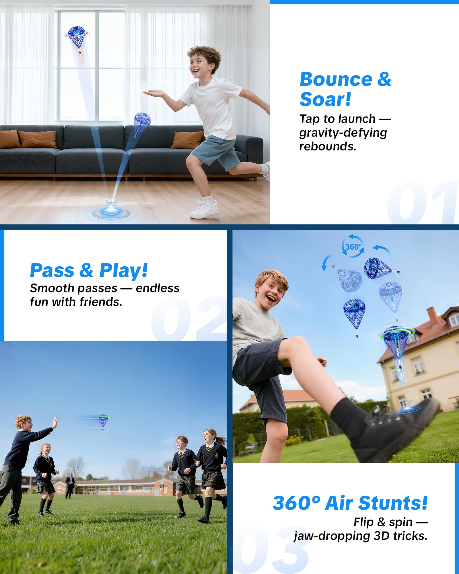Flystars Flying Bouncing Toys, Next-Gen Pro 2025 Cosmic Globe Flying Orb Ball Motion-Control Hover Spinner with 3D Flips, Cool Interactive Gift Toy for Kids 6+ Boys Girls Teens(Blue-S)