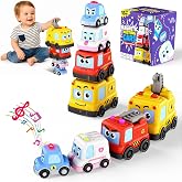 Montessori Toys for Toddlers 1-3, 4-in-1 Magnetic Cars Stacking Nesting Follwing Crawling Baby Toys, Police Car Auto-Drives with Music &amp; Light, Car Gifts Sensory Educational Toys for Boys Girls
