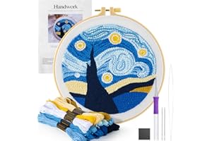 FARBCLUB DIY Punch Needle Kit for Adults Beginners | Punch Stitching Set with Masterpiece Art Starry Night Patterns, Hoops, Yarns, and Beginner Tools | Punch Embroidery Craft Kit 20x20cm