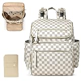 Omanmoli Checkered Diaper Bag Backpack Large Baby Diaper Bag Leather with 17 Diaper Bag Organizing Pouches,Changing Pad,Stroller Straps,4 Insulated Pockets,Beige&Honey