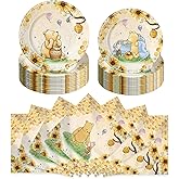150pcs Baby Shower Decorations Boys Classic Bear Plates Napkins Boy Paper Disposable Dessert Plates Tableware Set for Newborn Kids Birthday Party Decorations Serves 50 Guests (Yellow)