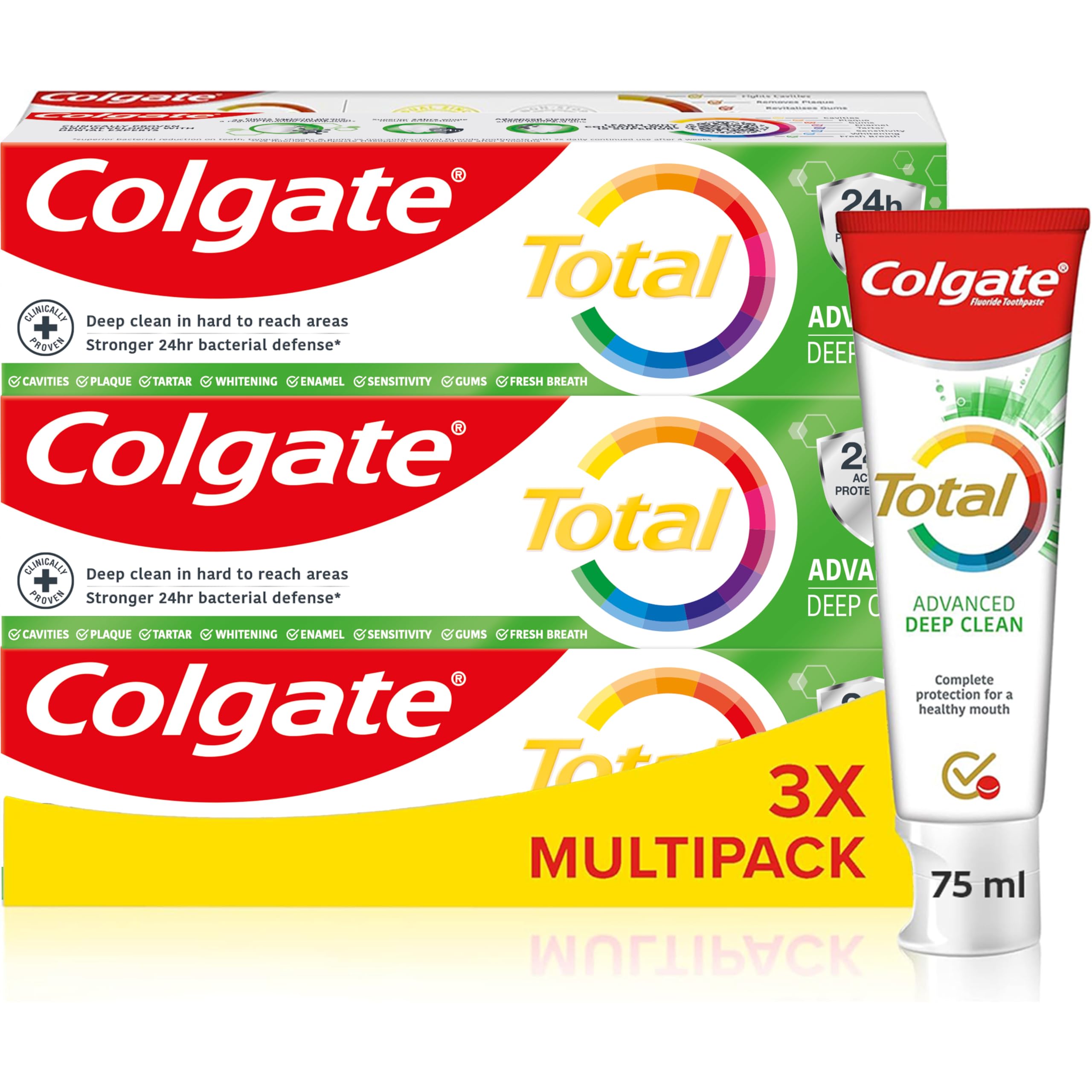 Colgate Total Advanced Deep Clean Toothpaste 75ml x3 | Fluoride Toothpaste | Cleans deep in Hard-to-Reach Places | Superior 24 Hour Bacterial Defence* | Fights Plaque Bacteria 3X More Effectively**