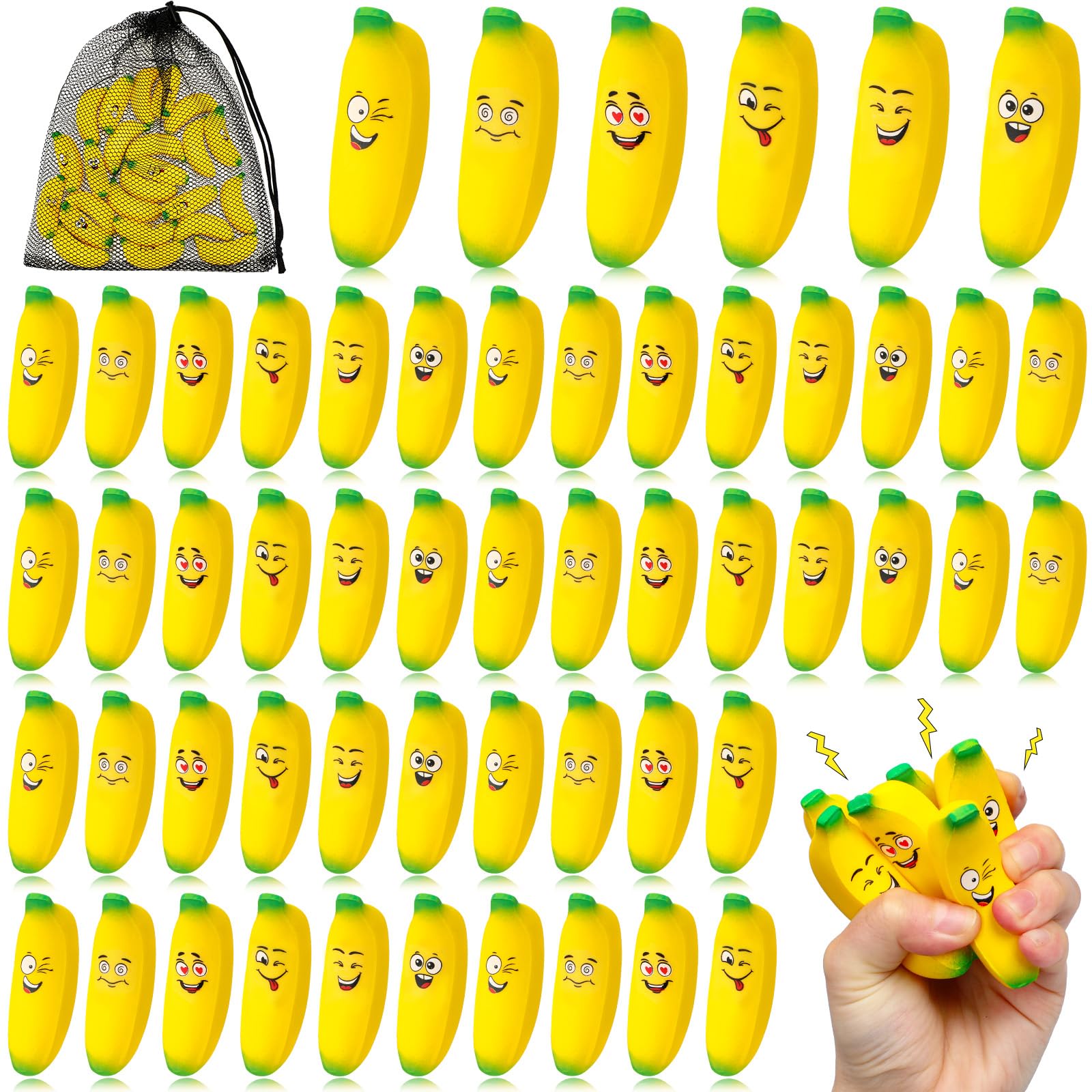 Photo 1 of Woanger 24 Pcs Banana Stress Toys Banana Stretchy Toys Ball with Emotions Mini PU Squeeze Balls Bulk Fidget Toy with Storage Bag for Anxiety Relief Kids Adults Party Favors