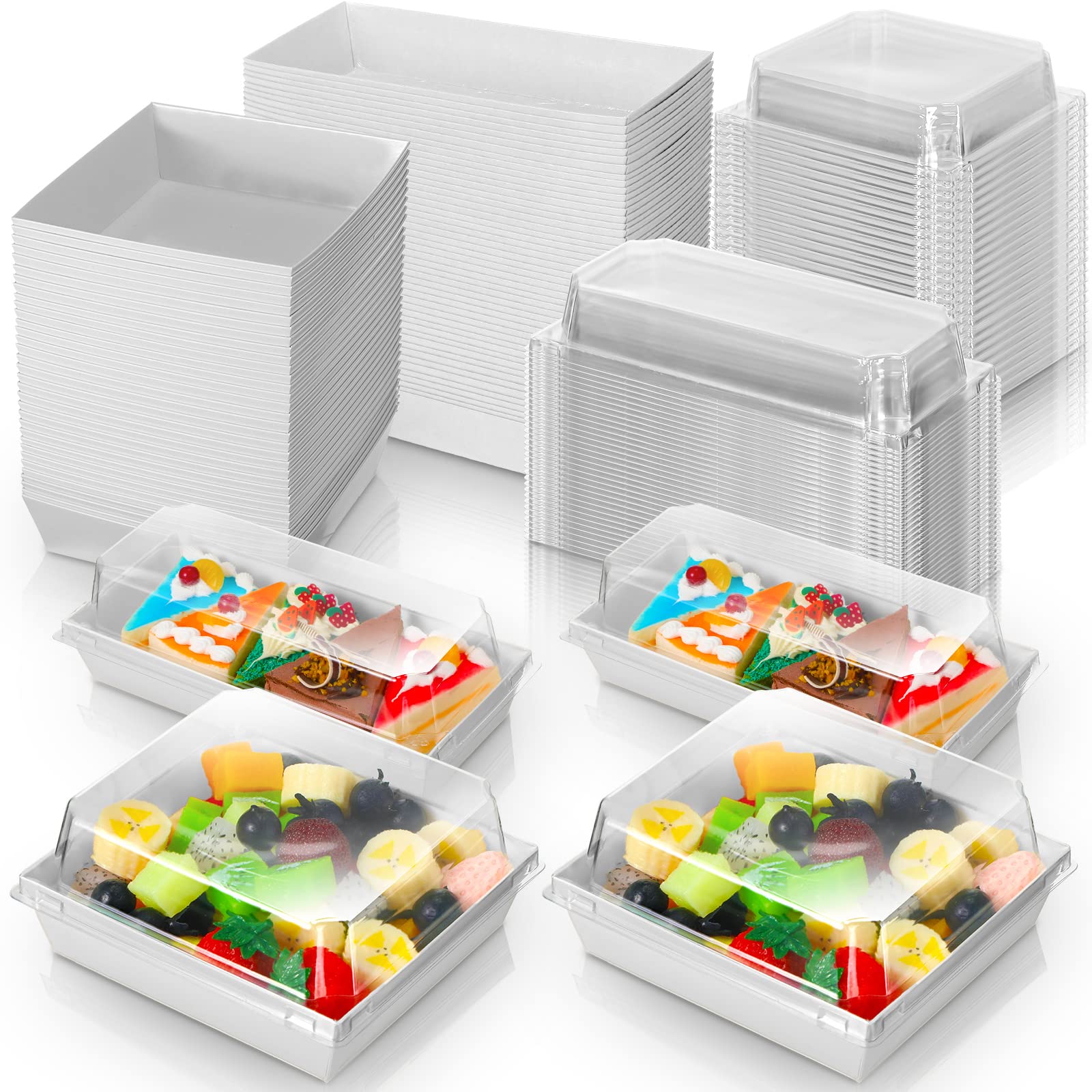 Photo 1 of 100 Pack 2 Size Paper Charcuterie Box with Clear Safety Lid 5'' White Square Disposable Food Container Bakery Bread Box 7.5'' Long Baking Box for Sandwich Cake Cookies Pastry Dessert Salad Display
