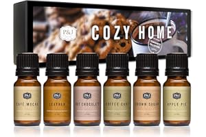 P&J Trading Cozy Home Set of 6 Fragrance Oils - Brown Sugar, Apple Pie, Coffee Cake, Café Mocha, Leather, Hot Chocolate Scented Oils for Candle Scents, Soap Making, Diffuser Oil