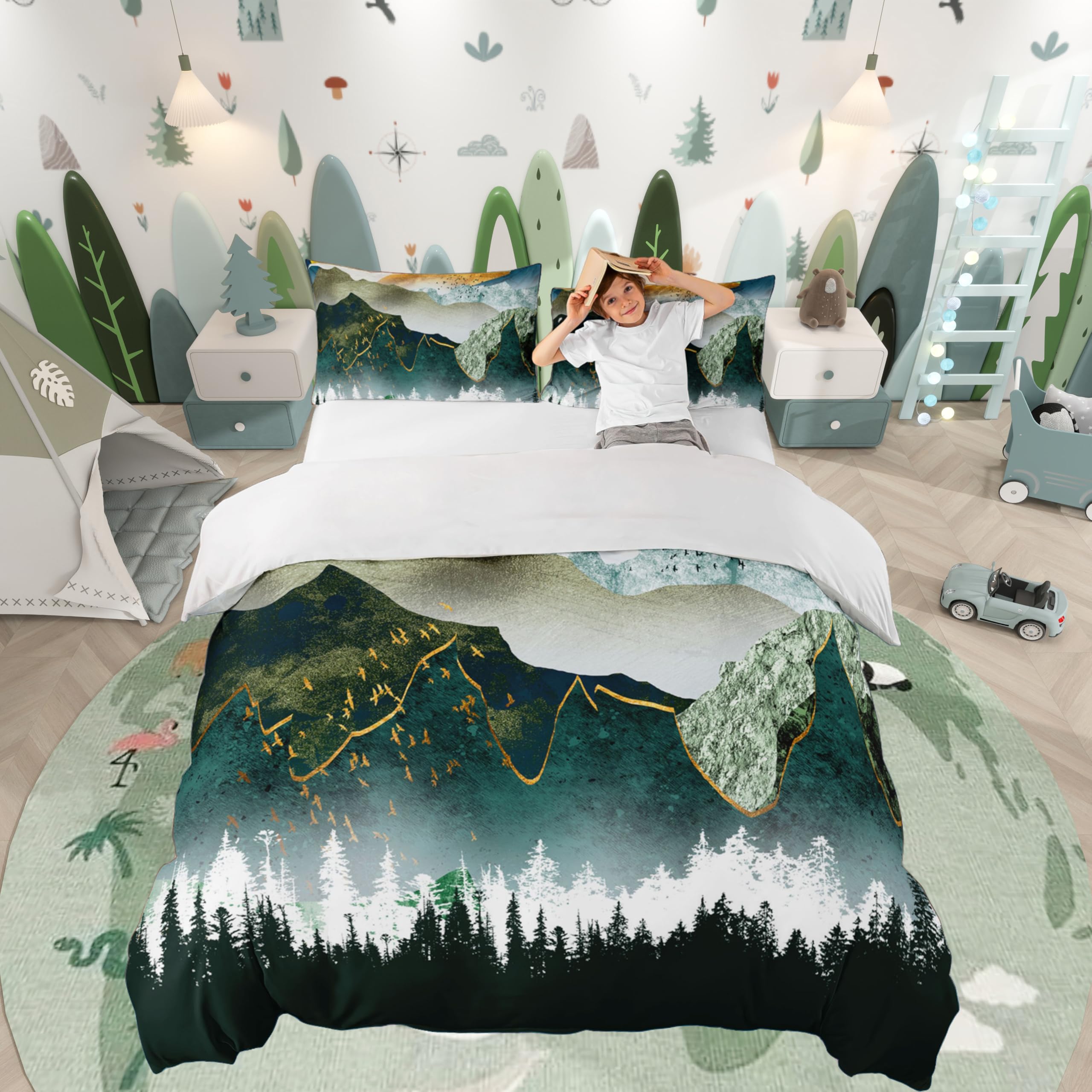 Loussiesd Japanese Style Ukiyoe Bedding Set Mountains Forest Print Duvet Cover Girls Teens Japanese Sunset Exotic Style Bedclothes King for Teens Women Adults with 2 Pillowcase — image 1