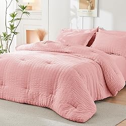 HYMOKEGE Rose Pink Queen Comforter Set Seersucker 7