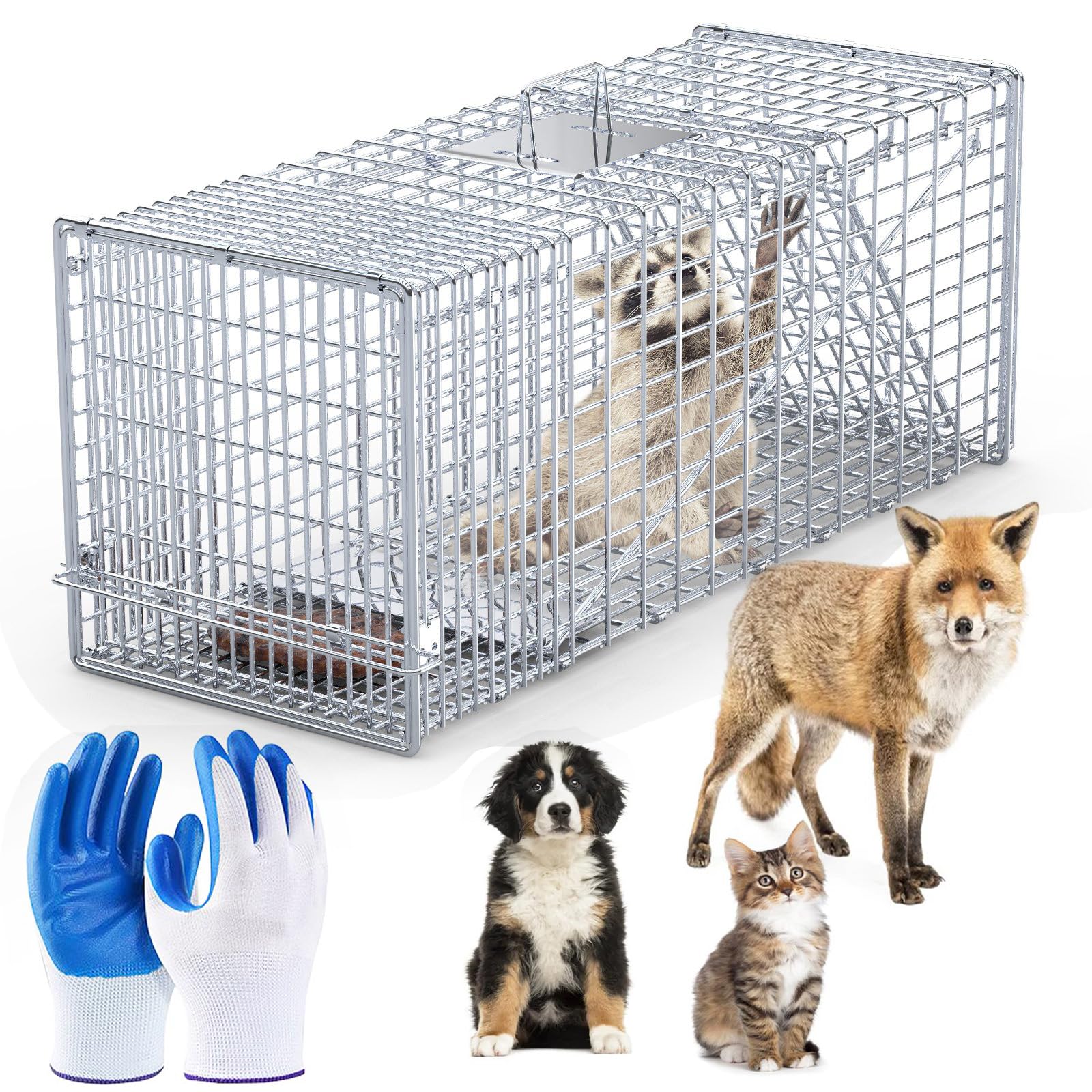 live animal trap large humane cat trap cage with pair of gloves heavy duty folding catch and release