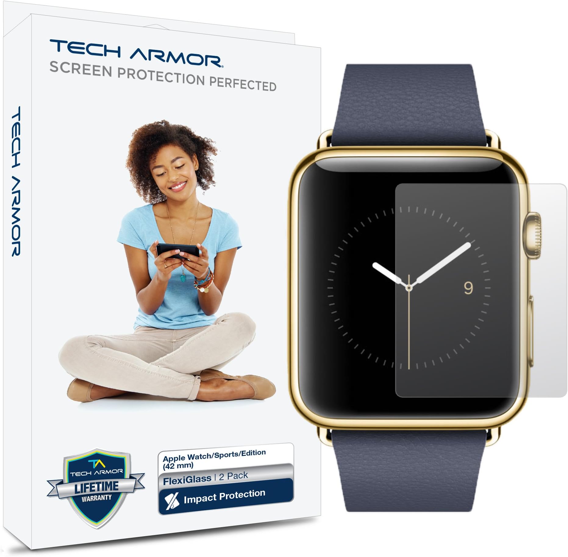 Tech Armor - Premium UltraClear Ballistic Glass Screen Protectors for Apple Watch (42mm) - Clear [2-Pack]