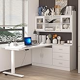 Homsee Electric Height Adjustable Standing Desk with Bookshelf, L-Shaped Computer Desk with Drawers Shelves & Glass Doors, Wo