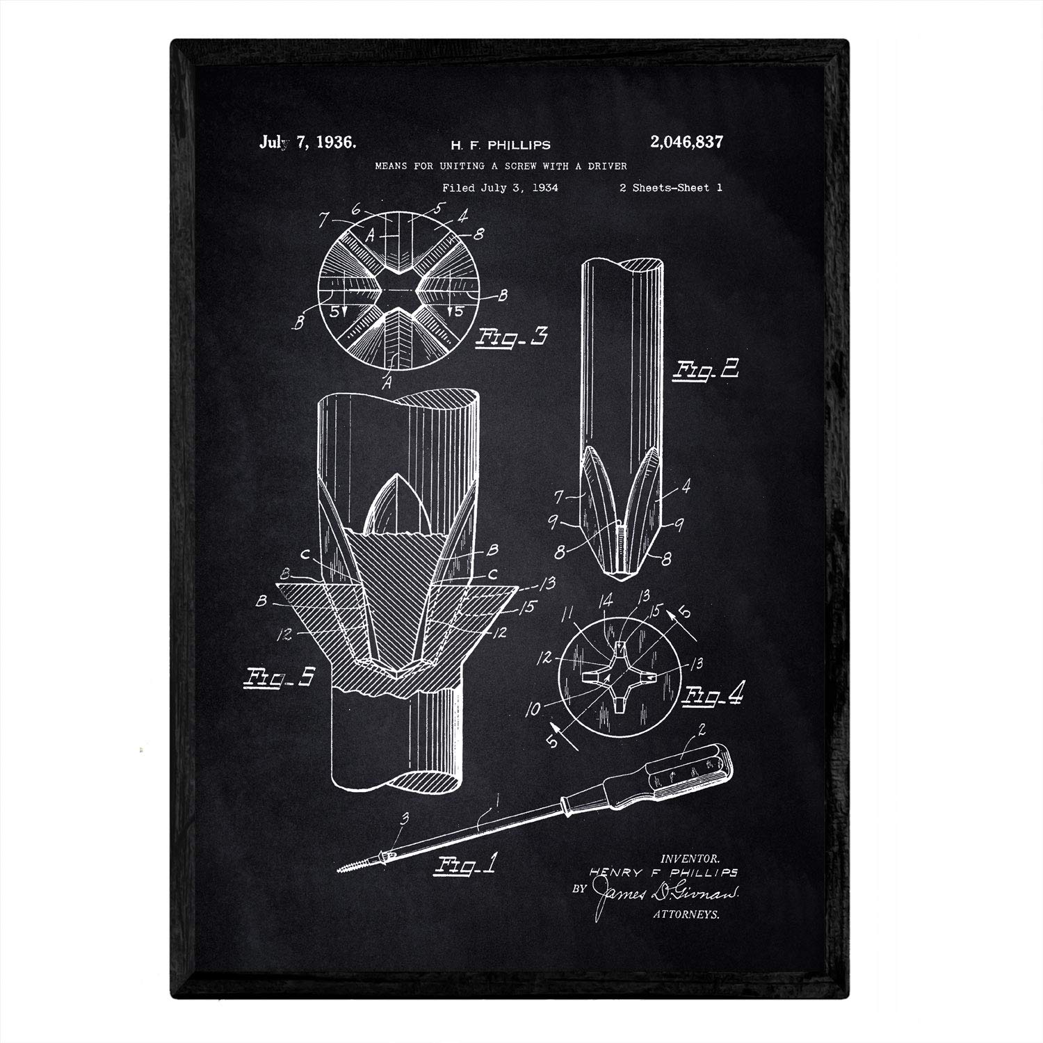 Nacnic Poster Screw patent. Sheet with old design patent A3 size with black background — image 1